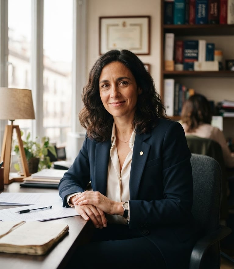 Portrait of a professional Spanish labor lawyer in a dark blue suit, empathetic expression, sitting in a bright office with soft natural window light, shallow depth of field, 35mm