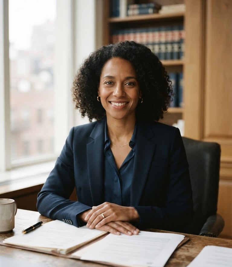 Warm editorial portrait of a professional lawyer in a natural light office, looking directly at the camera with an empathetic and reassuring expression, soft window lighting, deep blue tones, shallow depth of field, 35mm