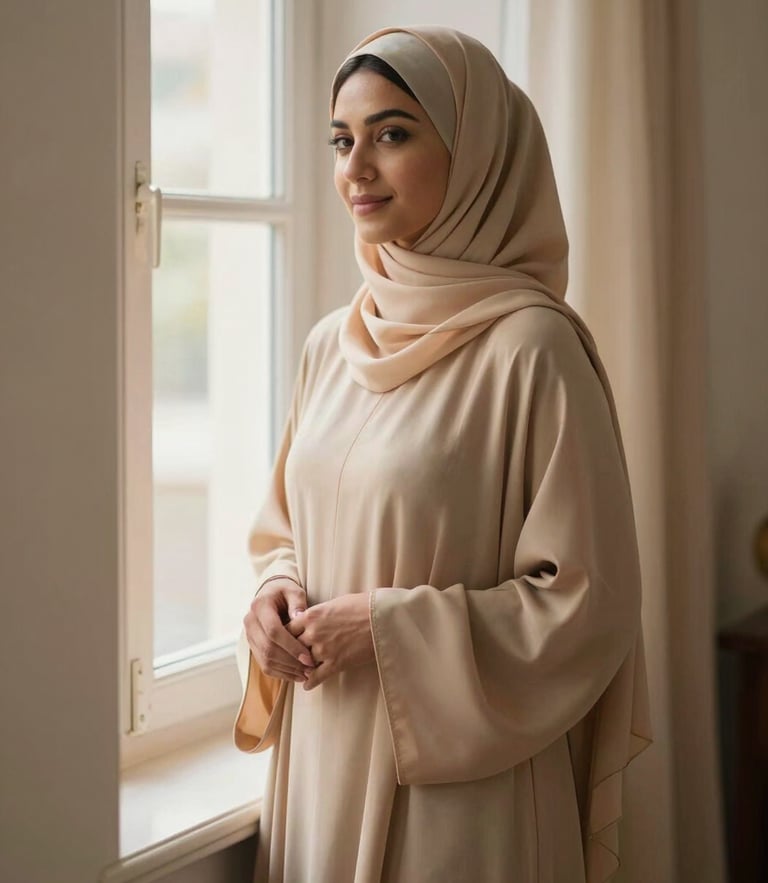 A modest Muslim woman in a soft beige abaya standing gracefully near a warm-lit window, warm editorial photography, soft natural window light, muted earth tones, elegant drapes, shallow depth of field, 35mm