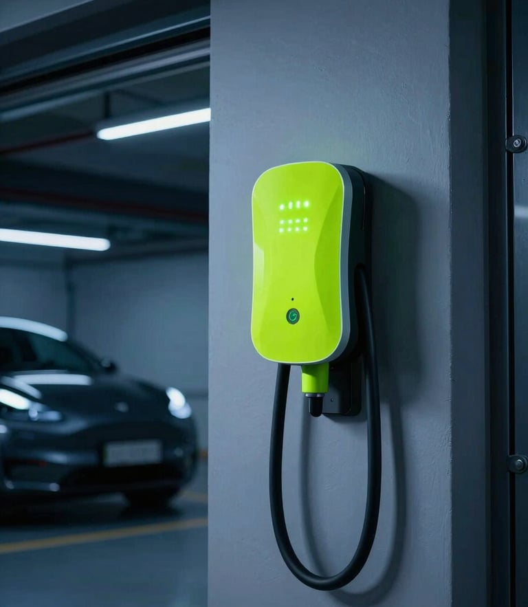 Sleek modern electric vehicle charging in a high-tech residential garage, neon lime green LED indicators glowing on the wallbox, cool blue ambient lighting, 35mm automotive photography