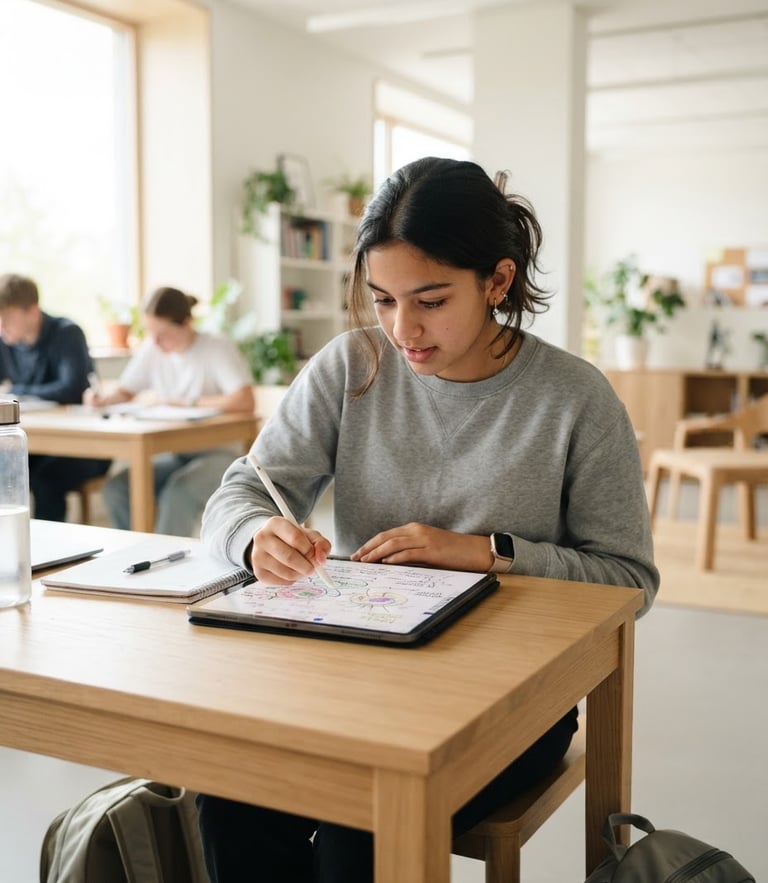 A focused young student working on a modern digital tablet in a bright, daylight-filled classroom, clean architectural lines, 35mm lens.