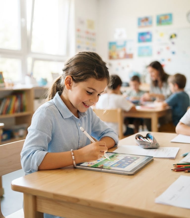 A bright, clean classroom where a young student interacts with a modern tablet under soft natural daylight, shallow depth of field, 35mm lens.