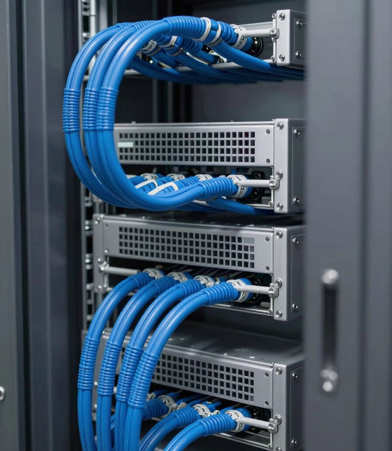 Clean server rack with structured blue cabling, cool industrial lighting, sharp focus, technical style, 35mm