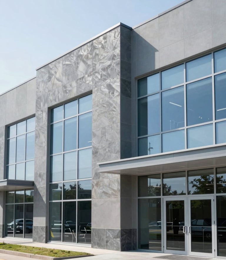 Wide shot of a clean modern commercial facility exterior, crisp cool daylight, slate gray structural panels and technical light blue glass reflections, sharp focus, 35mm