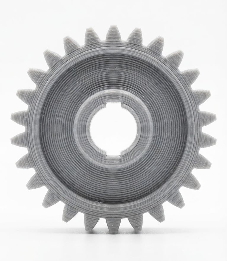 Macro shot of a 3D printed mechanical gear with visible precise layer lines, bright studio lighting, pure white background