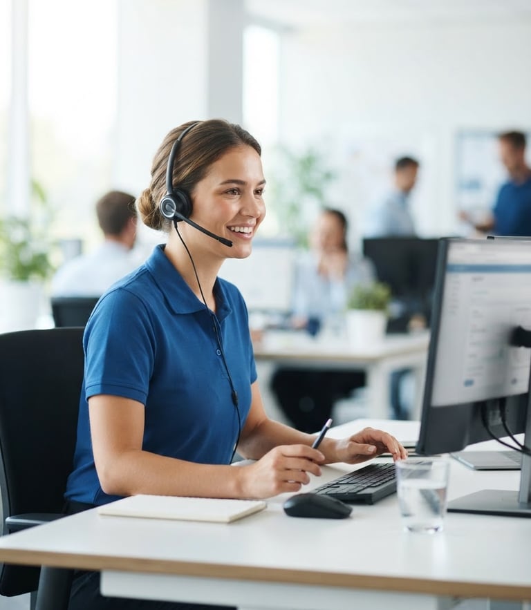 Approachable customer support specialist wearing a headset in a bright, modern office, clean daylight, professional blue tones, shallow depth of field
