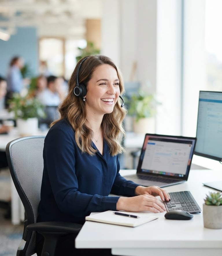 Approachable female customer support agent with headset smiling in a bright, clean office environment, natural daylight, soft blue tones, shallow depth of field