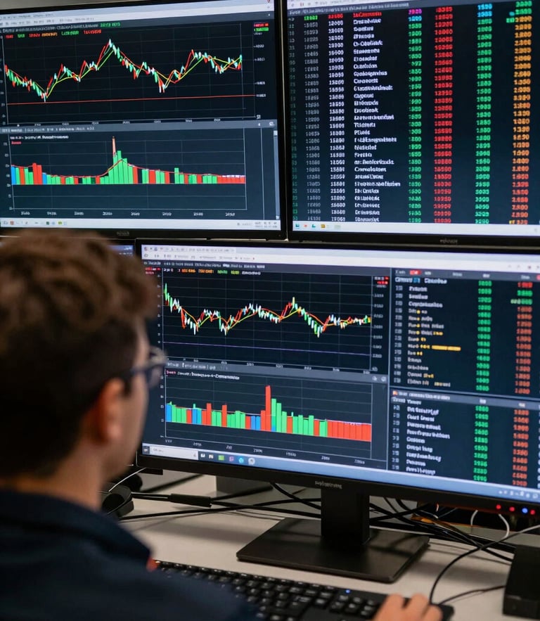 Over-the-shoulder view of a professional trading terminal displaying live order book depth, time and sales tape cascading in real-time.
