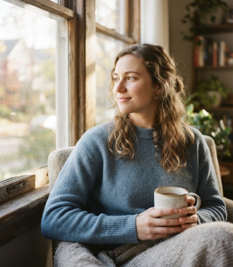 A young adult sitting by a sunlit window, holding a warm ceramic mug, looking out thoughtfully with a soft smile, 35mm, shallow depth of field