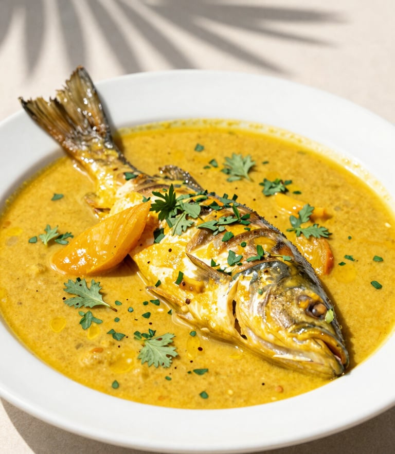 Editorial overhead shot of a vibrant Brazilian fish dish with tucupi broth, garnished with fresh herbs, bathed in bright sunny daylight with soft palm leaf shadows.