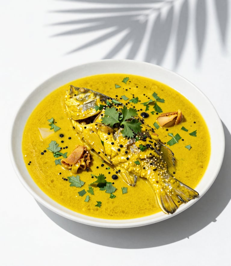 Overhead shot of a vibrant plated river-fish dish with bright yellow tucupi sauce and fresh herbs, intense sunny daylight casting sharp palm leaf shadows on a clean white surface