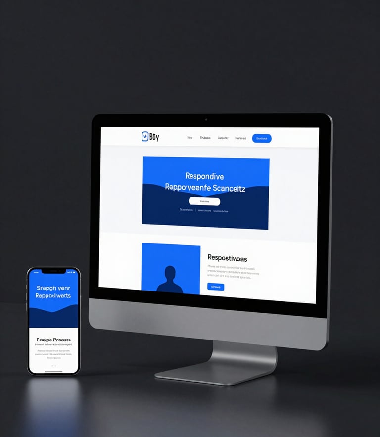 Straight-on clean studio shot of a modern responsive website mockup displayed on a sleek desktop monitor and a mobile phone side-by-side, soft drop shadows, minimalist dark workspace background, electric blue accents visible on the screens.