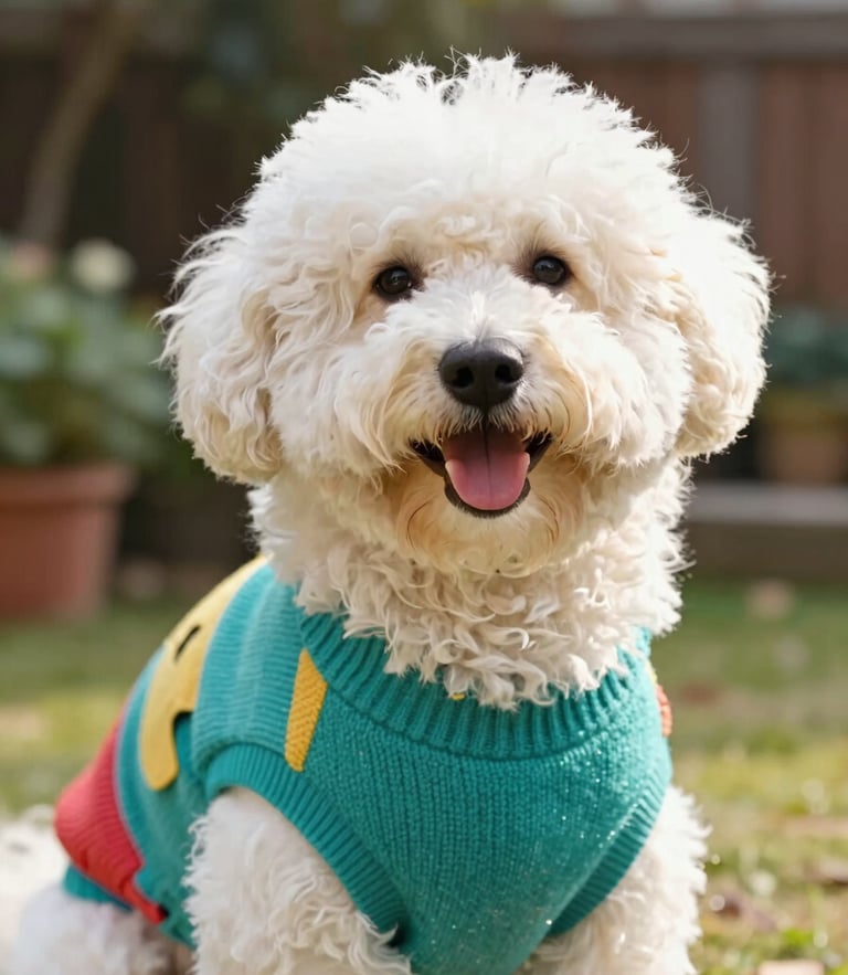 Eye-level medium shot of a happy fluffy dog wearing a colorful handmade teal sweater, soft focus garden background, warm natural daylight