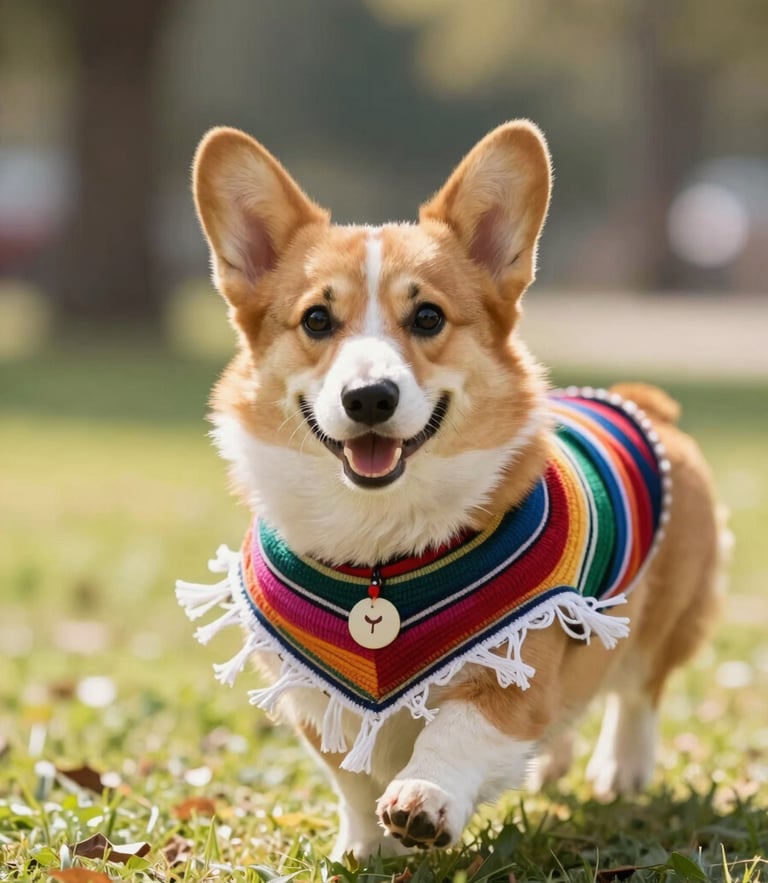 A happy corgi wearing a colorful handmade Mexican dog poncho, running in a bright sunny park, eye-level shot, warm natural daylight, soft focus background, 35mm lens