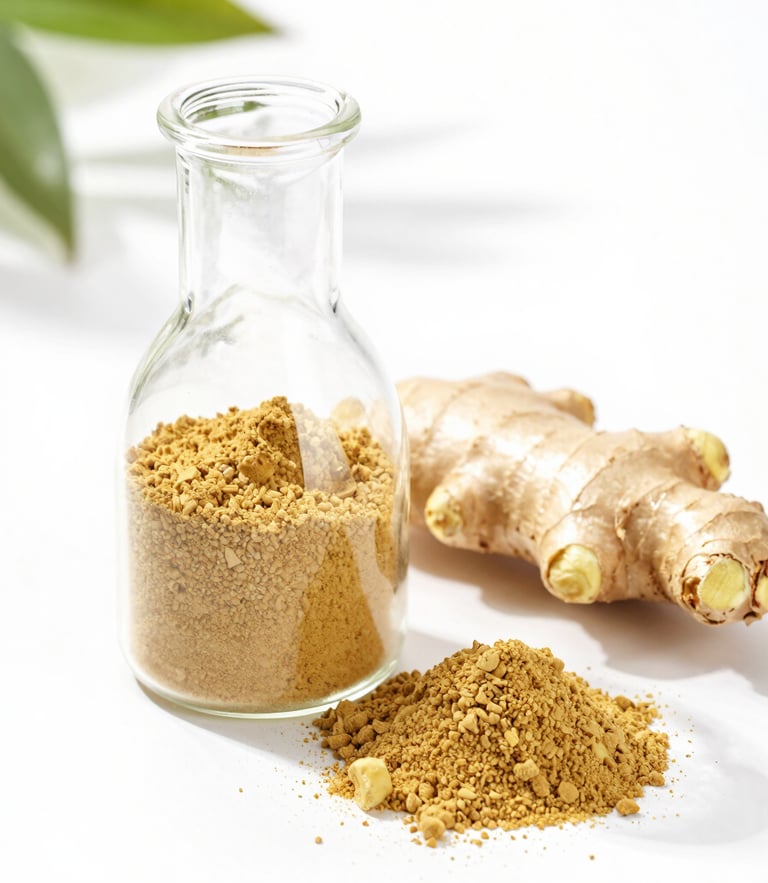 Bright high-key product photography of pure ginger powder in a clean glass laboratory flask, raw ginger root beside it, soft natural daylight, white background