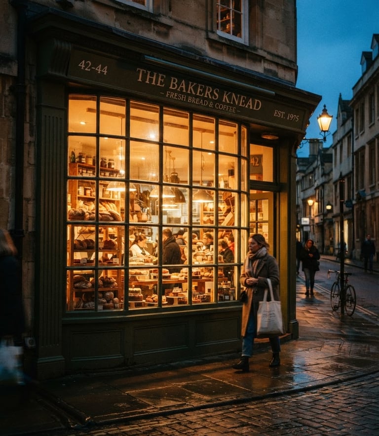 Warm street photography of a cozy independent British corner shop storefront glowing at dusk, rich saturated tones, 35mm film aesthetic, George Street Oxford