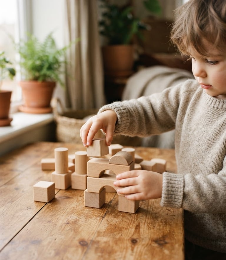 Warm editorial photography of a child's hands arranging smooth handcrafted wooden blocks on a rustic pine table, soft natural window light, earthy organic tones, shallow depth of field, 35mm
