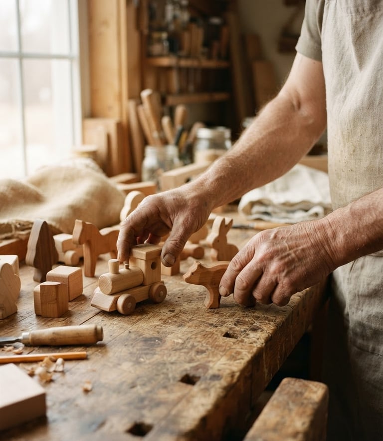 Close-up of artisan hands arranging wooden toys on a rustic workbench, soft natural side lighting, warm tones, tactile textures