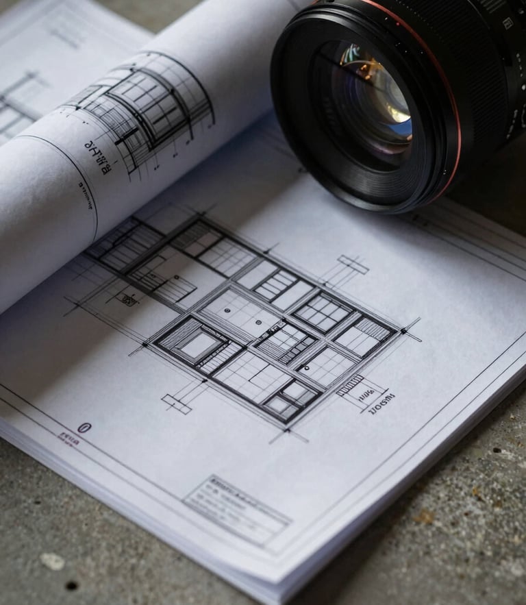 Extreme close-up of architectural blueprints resting on a raw concrete surface, low-key dramatic side lighting.
