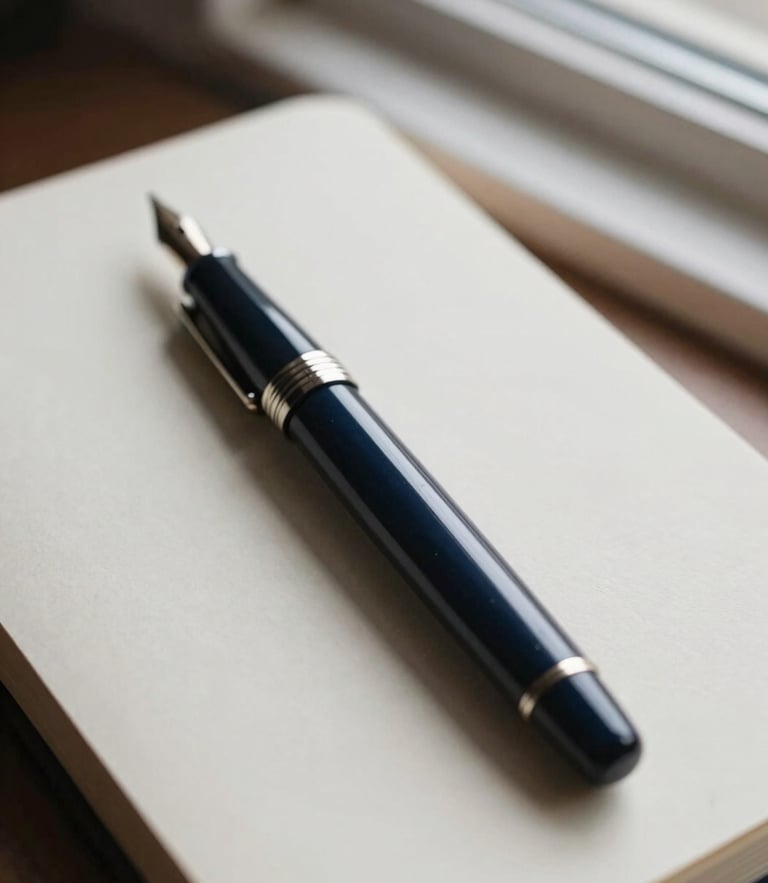 Close-up of a high-end analog fountain pen resting on a heavy cream paper notebook, soft window light, shallow depth of field, muted navy tones