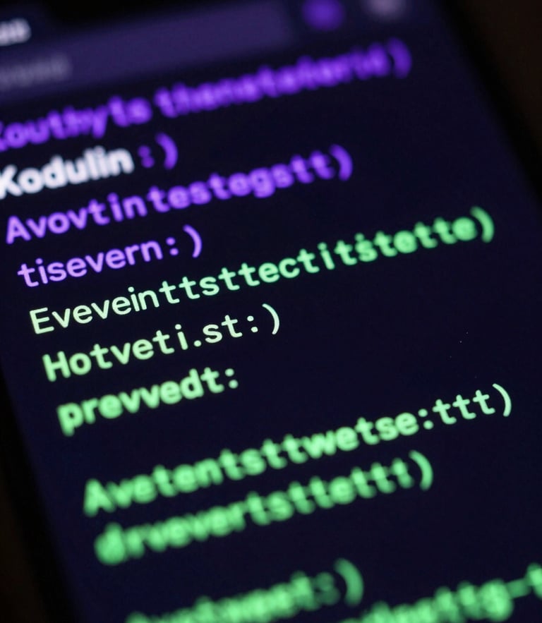 Extreme close-up of an Android phone screen showing a running Kotlin test suite, vibrant neon purple and green code syntax highlighting, dark moody atmosphere, sharp macro details, 50mm lens.