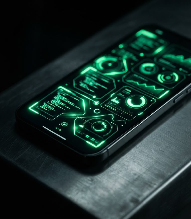 Low-key studio shot of a modern Android smartphone resting on a dark metallic surface, displaying a vibrant Kotlin-based UI mockup with glowing neon green accents.