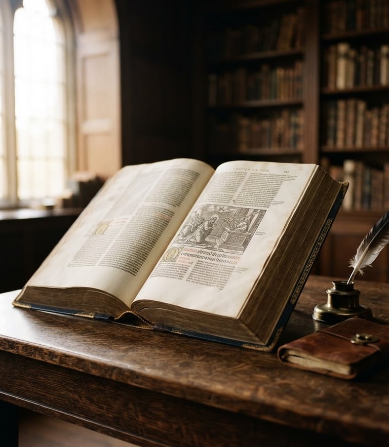 An open heavy theological book on a dark wooden desk, soft natural light streaming from a high window, academic atmosphere, 35mm photography
