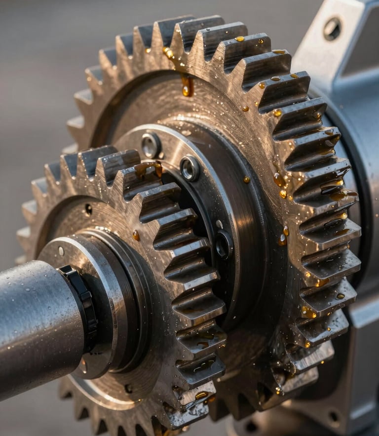 Tight macro shot of a heavy-duty gate operator gear assembly with fresh lubrication, crisp morning light highlighting the metallic teeth and precise mechanical alignment.