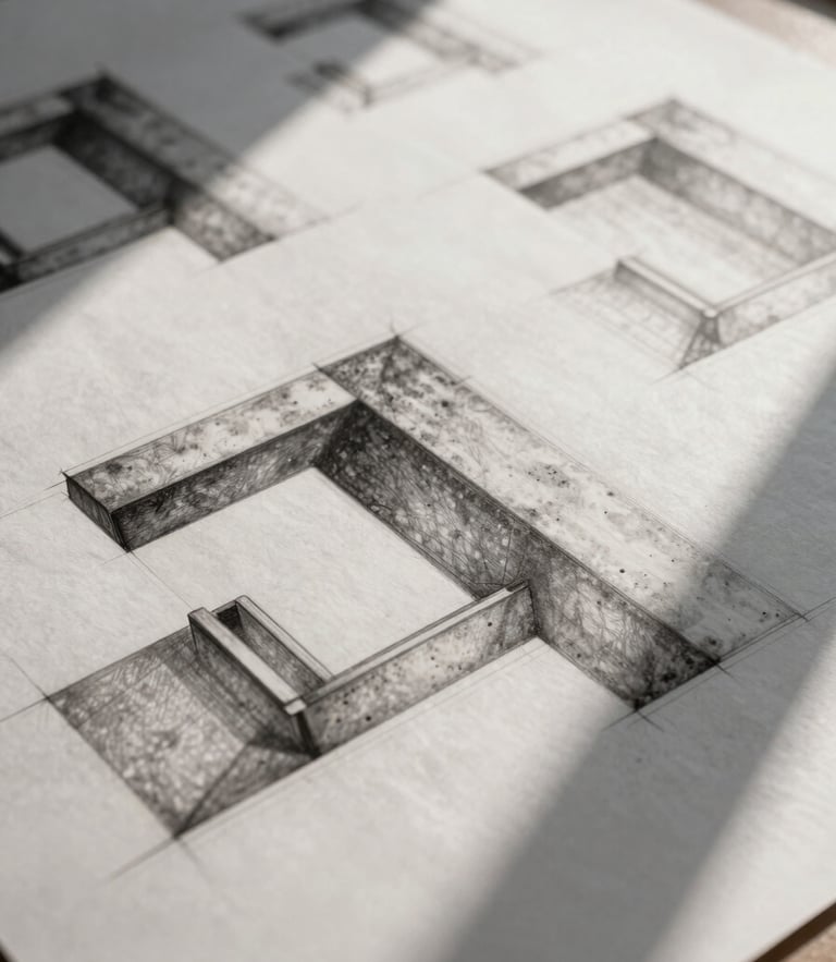 Tight abstract close-up of architectural graphite drawings on heavy paper, casting sharp shadows under natural morning light.