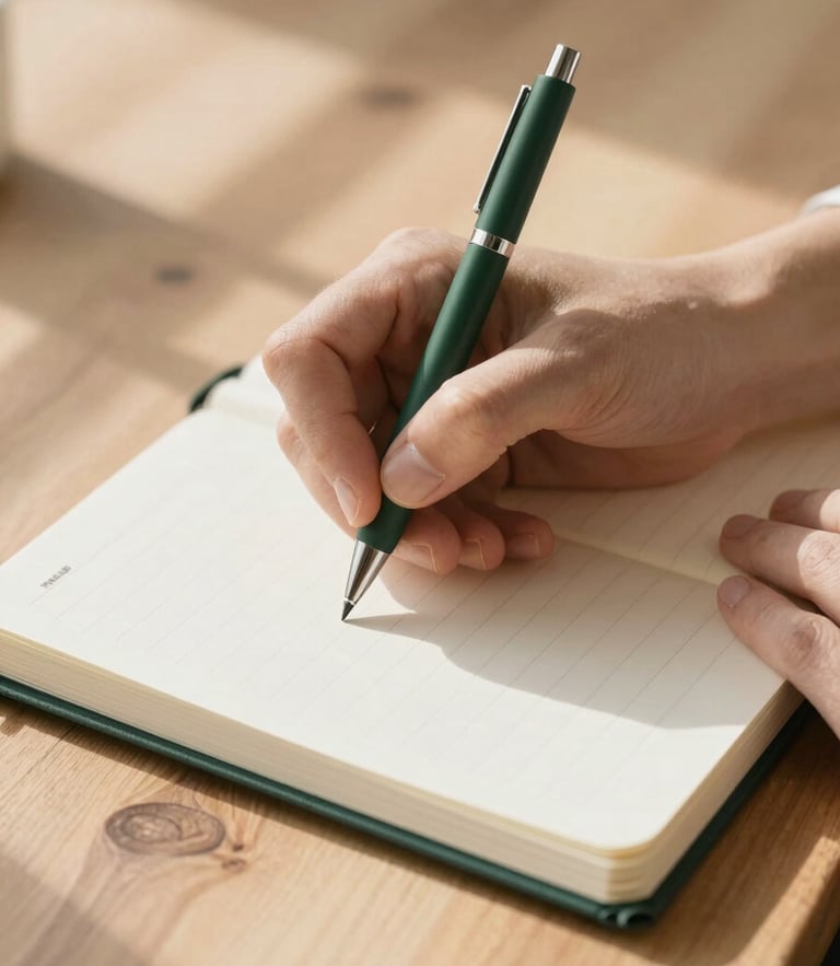 Close-up of hands writing in a journal on a wooden desk with soft morning shadows, clean and serene editorial photography