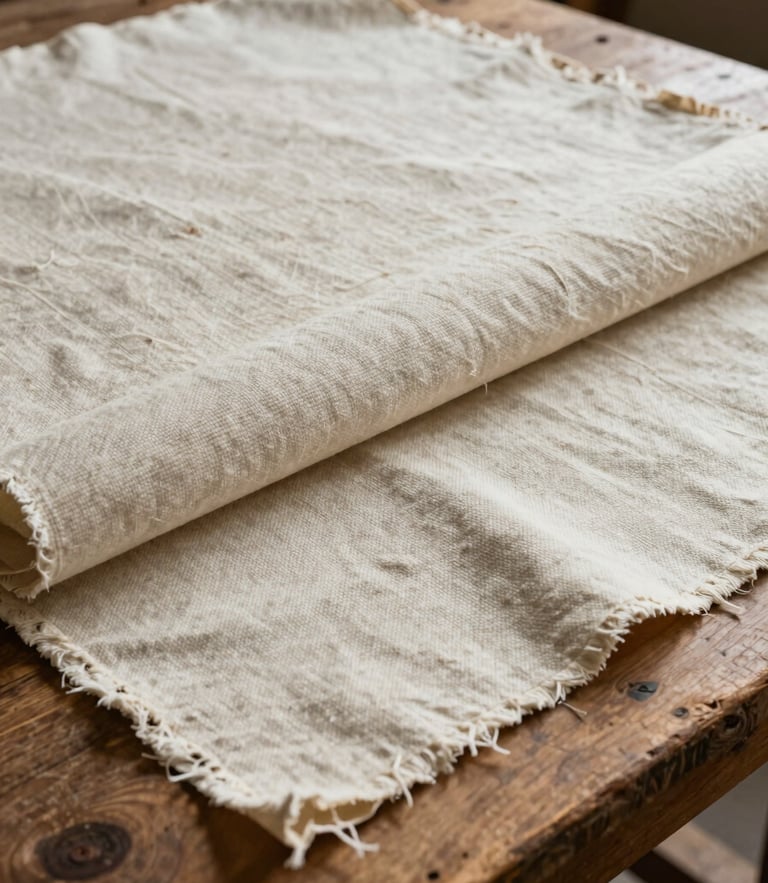 A portrait crop of heavy cotton canvas fabric on a wooden workshop table, natural overcast side-light highlighting the rich texture and weave, neutral tones.