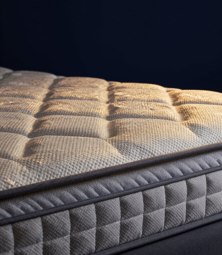 Macro close-up of high-tension steel pocket springs inside a mattress, dramatic studio lighting, deep navy background with gold reflections, premium product photography, 35mm