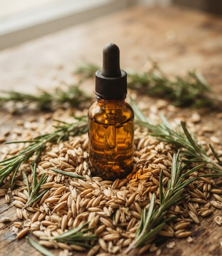 An amber glass bottle of botanical oil resting on raw oat kernels and rosemary sprigs, soft diffused daylight casting gentle shadows