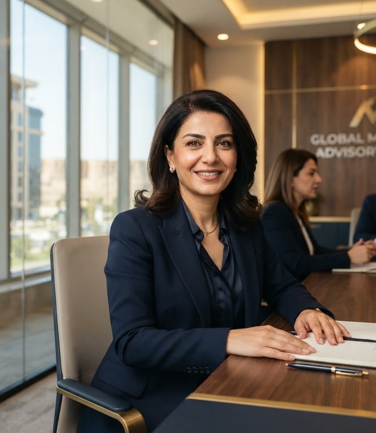 Medium-close professional portrait of an elite global mobility advisor in a modern Erbil boardroom, warm interior lighting, sharp focus, 35mm