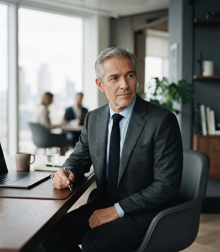 Editorial corporate photography, natural window daylight, a senior professional in a modern slate-toned office looking thoughtfully slightly off-camera, 35mm, shallow depth of field