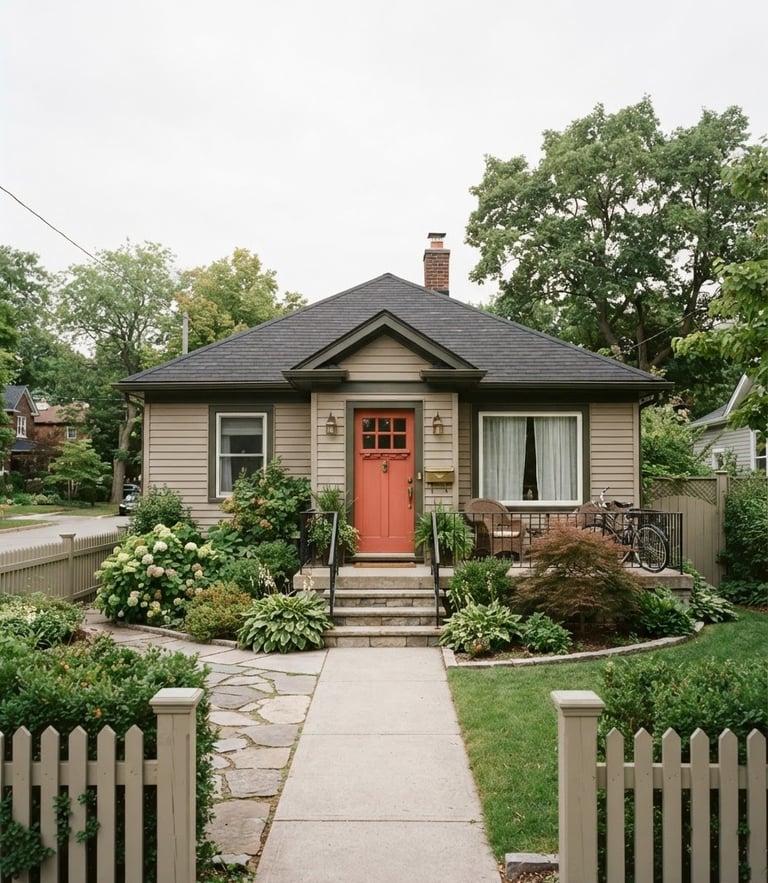 Wide environmental shot of a modest, well-kept single-family home with a warm front door, soft natural overcast daylight, realistic residential architecture