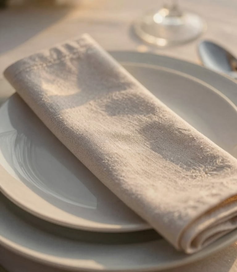 Close-up of a bespoke elegant table setting, delicate linen napkin, textured ceramic plate, soft golden hour light, shallow depth of field, 35mm