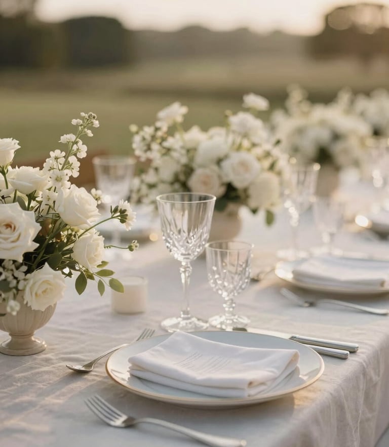 An elegant close-up of a premium outdoor wedding table setting under soft golden hour light, with fine linen, crystal glasses, and sophisticated floral arrangements, shallow depth of field, 35mm