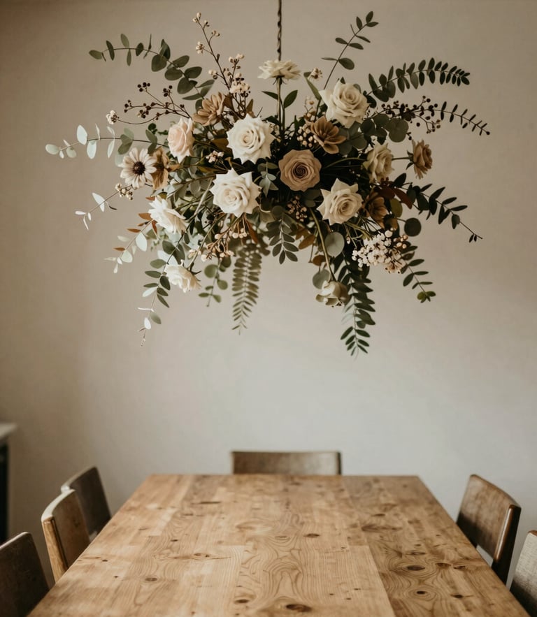 An architectural floral installation hanging above an empty, long wooden table, refined styling, soft natural light, muted neutral tones, shallow depth of field, 35mm