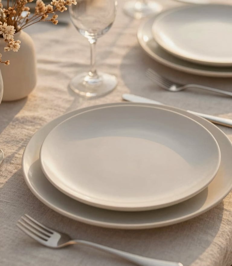 Close-up of a premium minimalist table setting with textured neutral linen, handmade ceramic plates, and delicate dried florals in soft golden hour light, 35mm photography