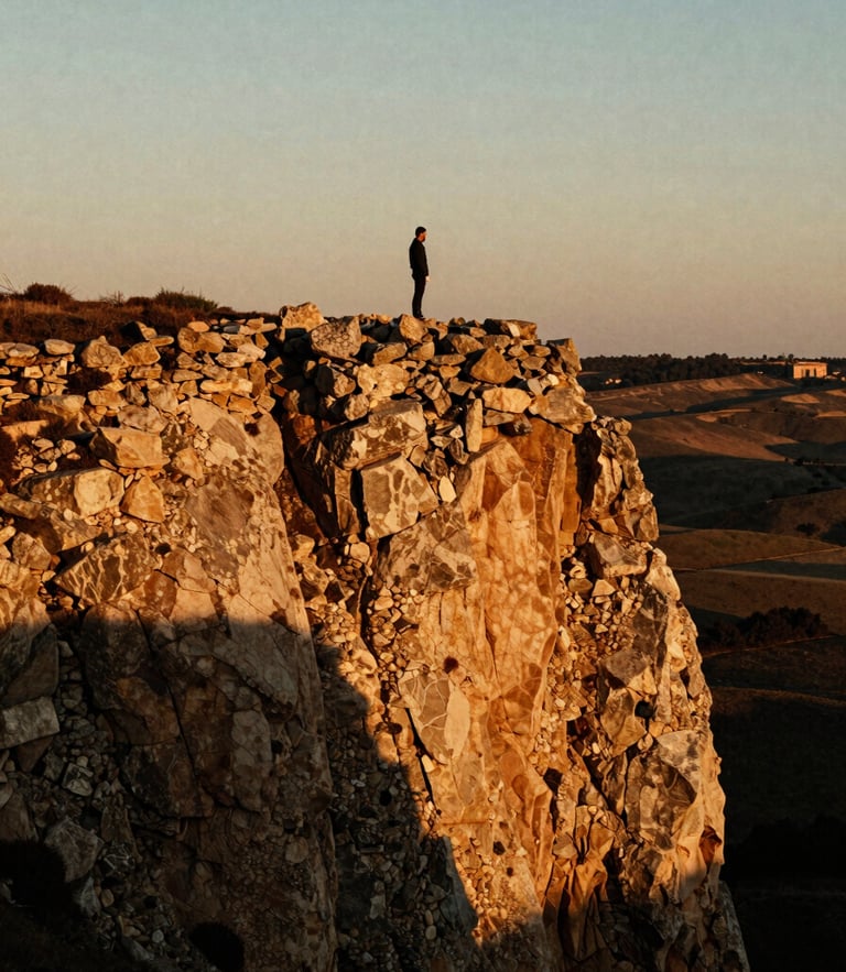 A solitary figure standing on a high rustic stone cliff at golden hour, deep shadows stretching across the landscape, dramatic chiaroscuro lighting, warm amber tones, 35mm film grain