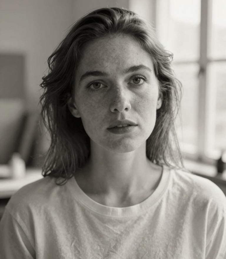 Black and white close-up editorial portrait of an expressive woman in her working studio, soft natural window light, muted ivory tones, shallow depth of field, 35mm