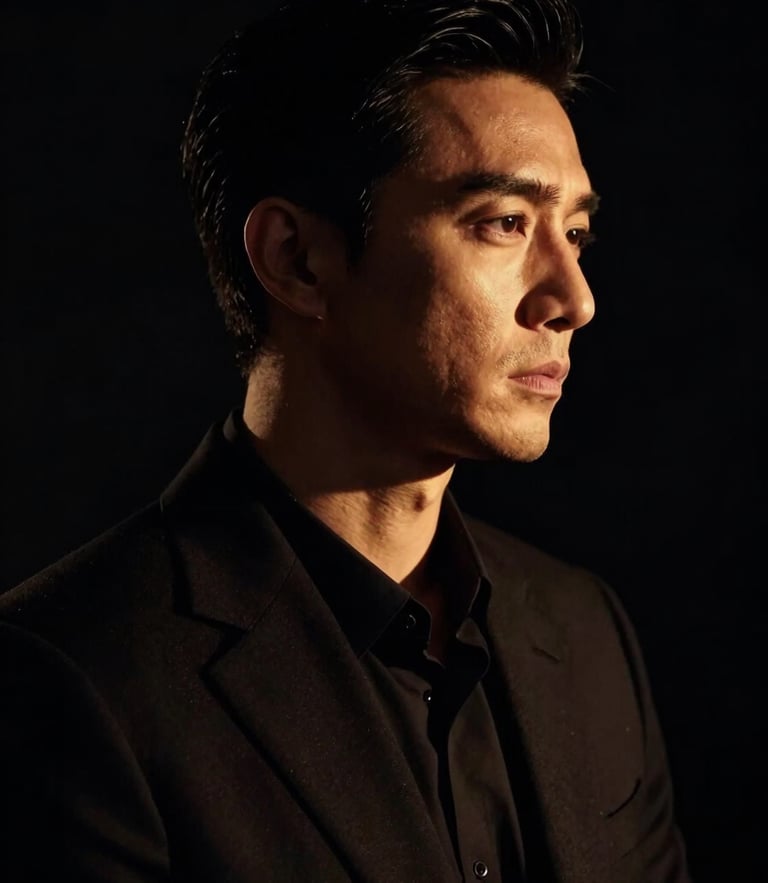 Dramatic low-key profile of a well-groomed man in sharp chiaroscuro lighting, subtle golden-hour rim light accentuating his jawline, deep black background, cinematic 35mm