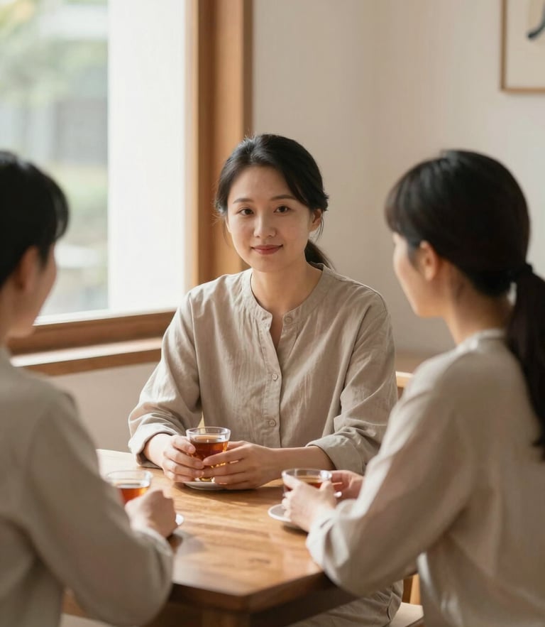 A warm editorial portrait of a counselor and client sitting at a wooden table with tea, soft natural light streaming through a window, calm atmosphere.