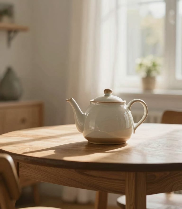 Warm editorial photography of a serene Dutch living room with soft natural daylight, a wooden table with a ceramic teapot, calm and reassuring atmosphere