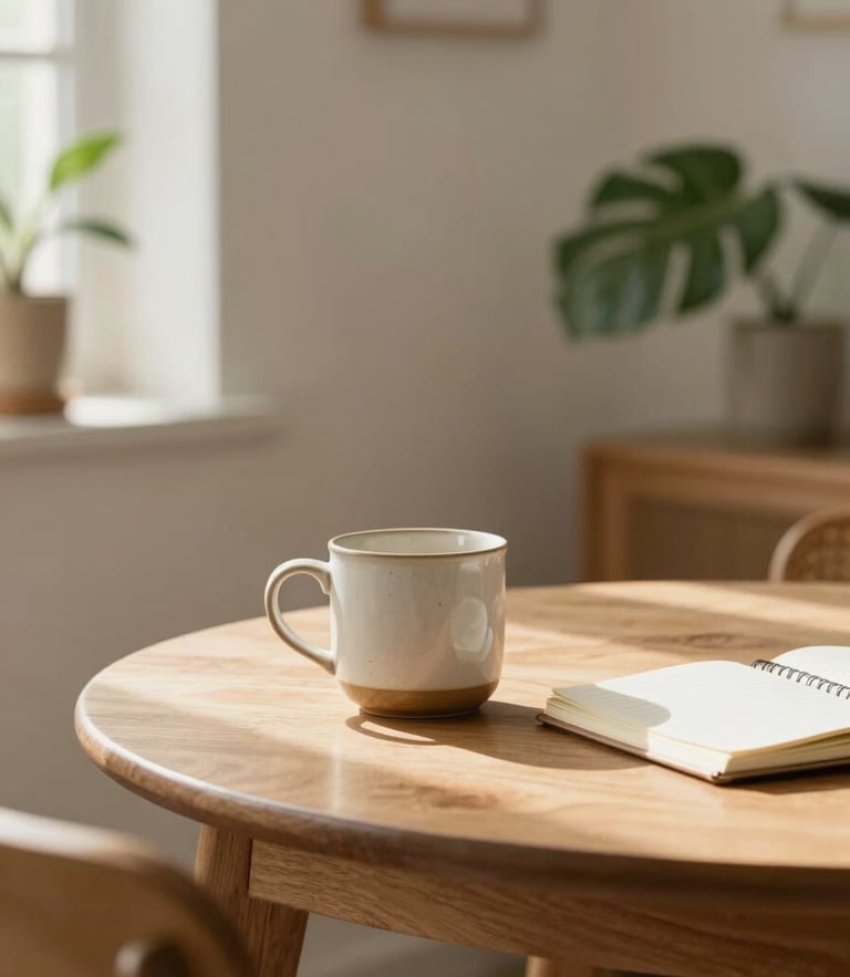 A bright, warm room with soft daylight streaming in, a wooden table with a ceramic mug, a notebook, and a green plant, conveying calm and organized structure.