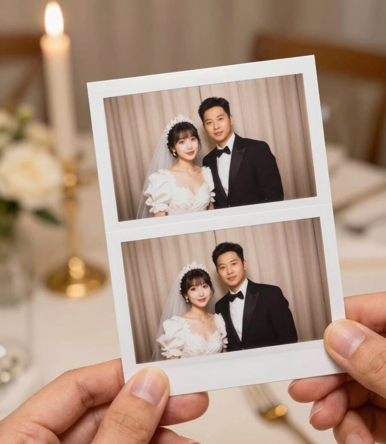 Warm editorial photography of hands holding a high-quality physical photobooth print at a Swiss wedding, soft ambient venue lighting with flattering flash, elegant beige and gold tones, shallow depth of field, 35mm