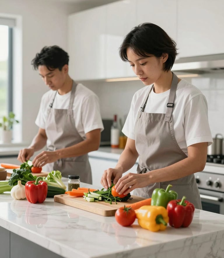 Bright, naturally lit modern kitchen, professional clinical nutritionists in clean aprons preparing fresh whole vegetables on a marble island.