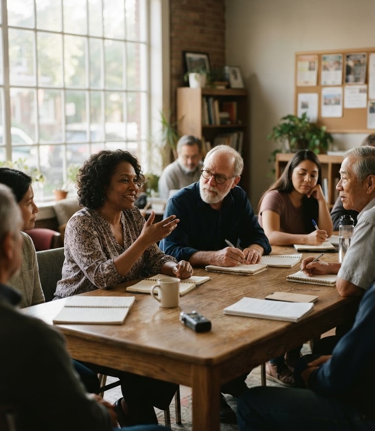 A quiet, warm interior window light illuminating a collaborative meeting between local community leaders around a wooden table, editorial documentary style
