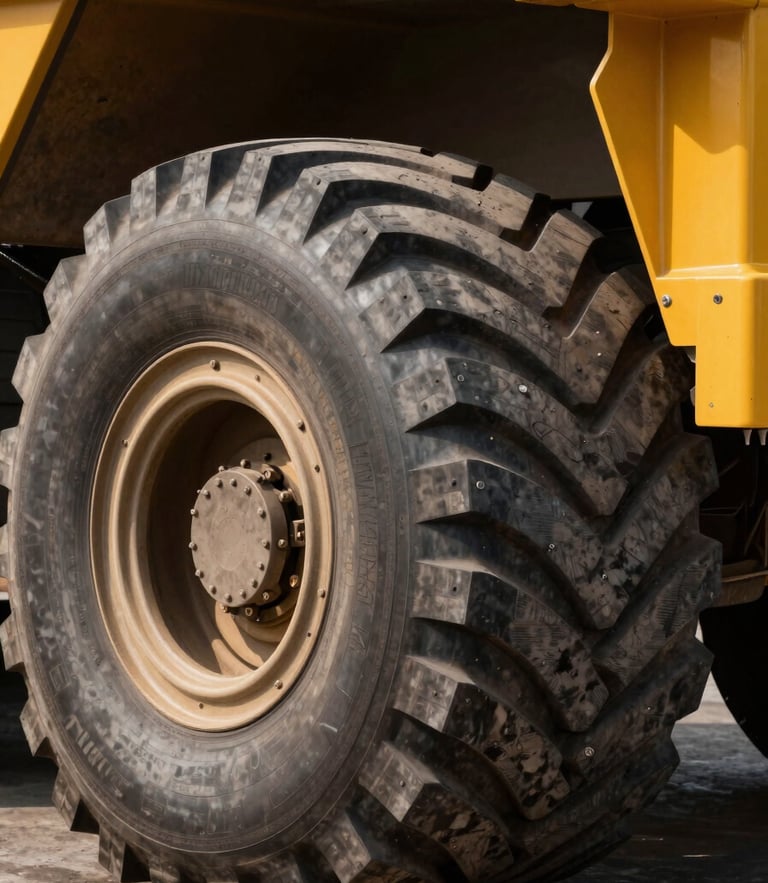 Close-up of a massive dump truck tire tread and heavy steel suspension components, yellow chassis frame visible, high-contrast lighting.